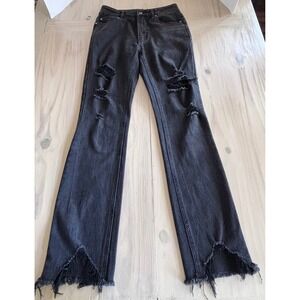 Wonderly Womens Mid Rise Slim Flare Distressed Jeans Black Frayed Hem‎ Size 6